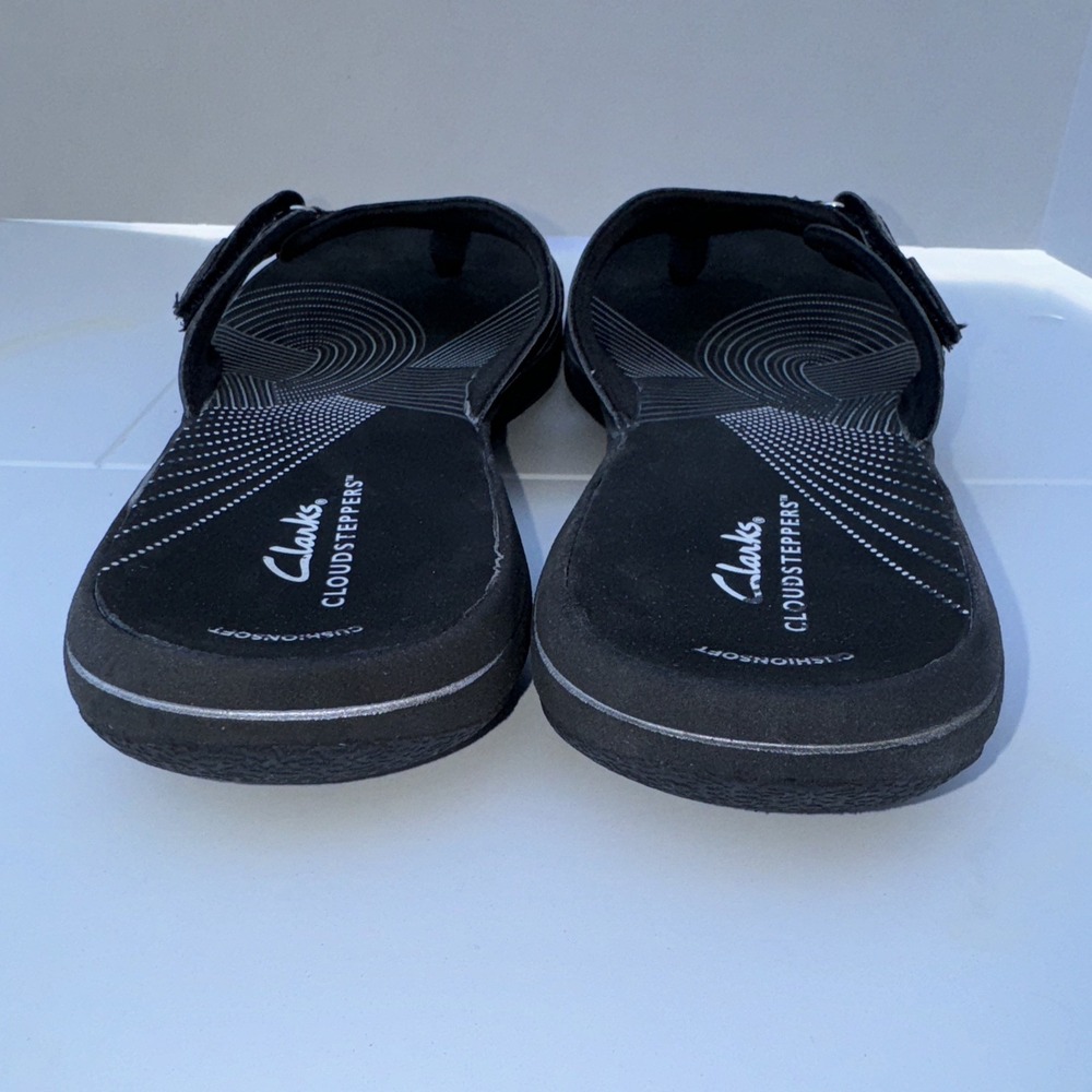 CLARKS Women's Black Patent Cloudsteppers Breeze Sea Flip Flop Slip On Sandal 10 - Picture 6 of 7